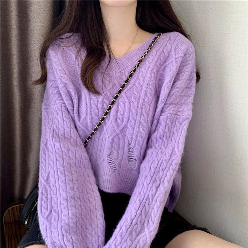 OYRKZ Retro loose outer wear lazy knit sweater top - Picture 3 of 3